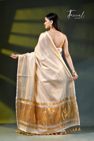 Offwhite golden zari striped mulmul cotton handloom saree