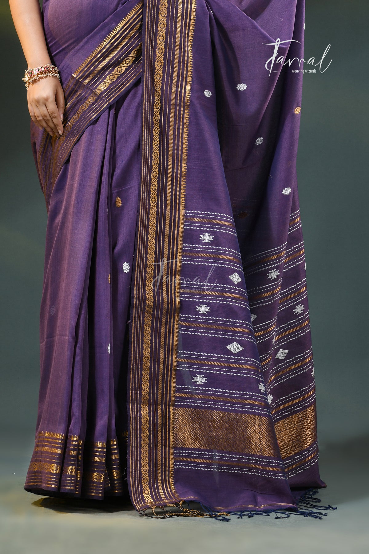Purple Golden Zari Border Cotton Bhujori Handloom Saree | Tamal Boutique