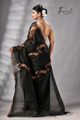 Black With Zari Border Pure Silk Linen Handwoven Jamdani Saree