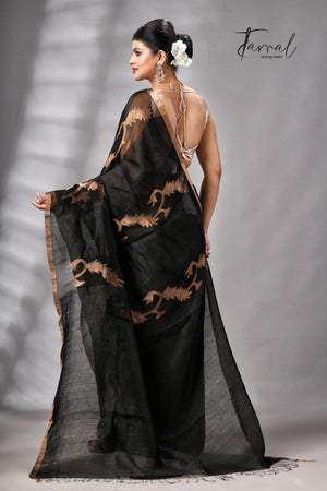 Black With Zari Border Pure Silk Linen Handwoven Jamdani Saree
