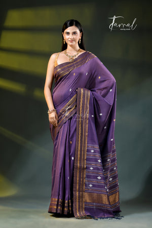 Purple Golden Zari Border Cotton Bhujori Handloom Saree | Tamal Boutique