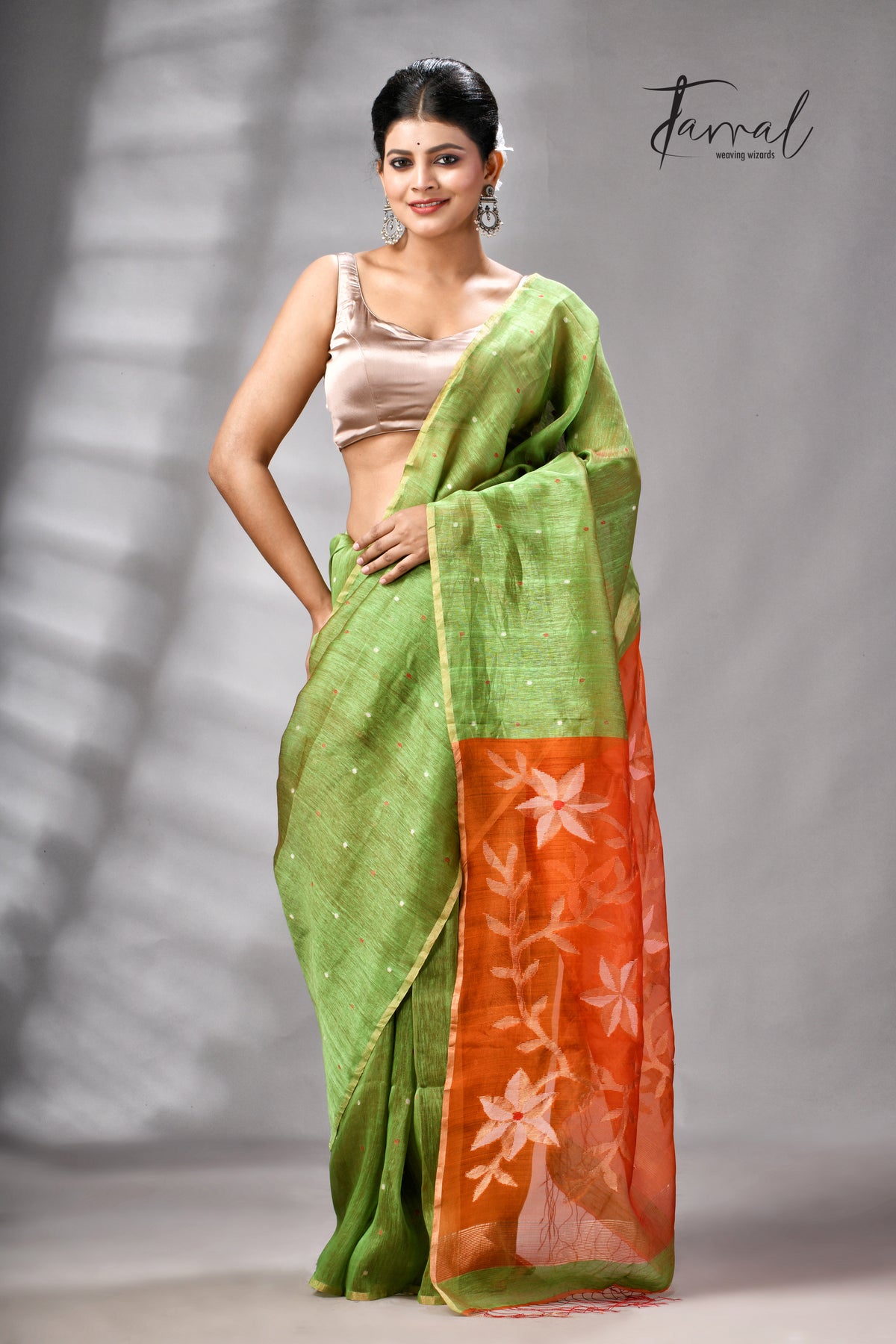 Parrot Green Silk Linen Handwoven Jamdani Saree