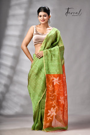 Parrot Green Silk Linen Handwoven Jamdani Saree