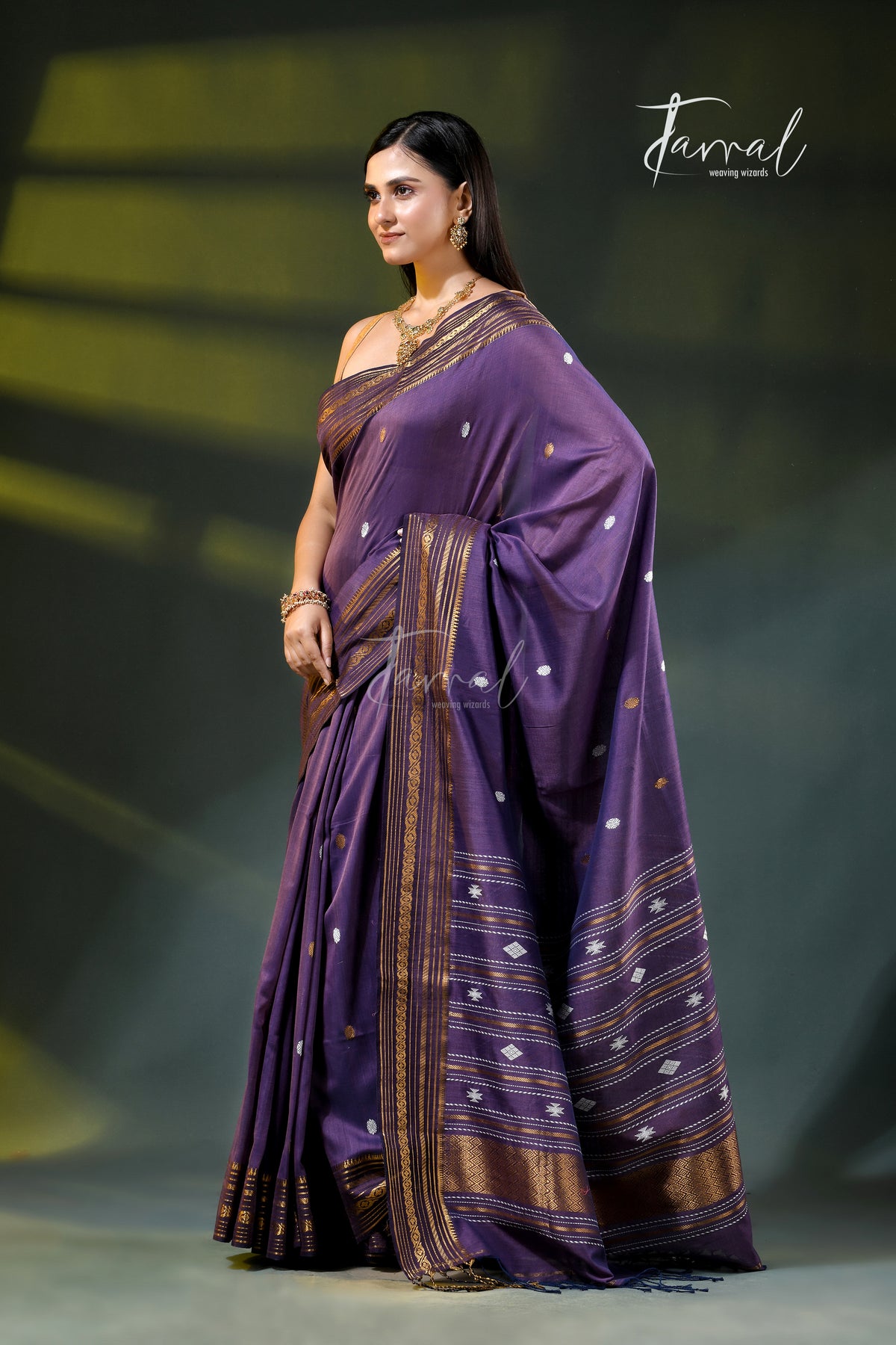 Purple Golden Zari Border Cotton Bhujori Handloom Saree | Tamal Boutique
