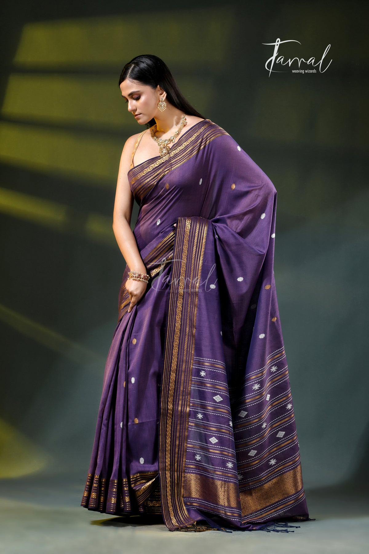 Purple Golden Zari Border Cotton Bhujori Handloom Saree | Tamal Boutique