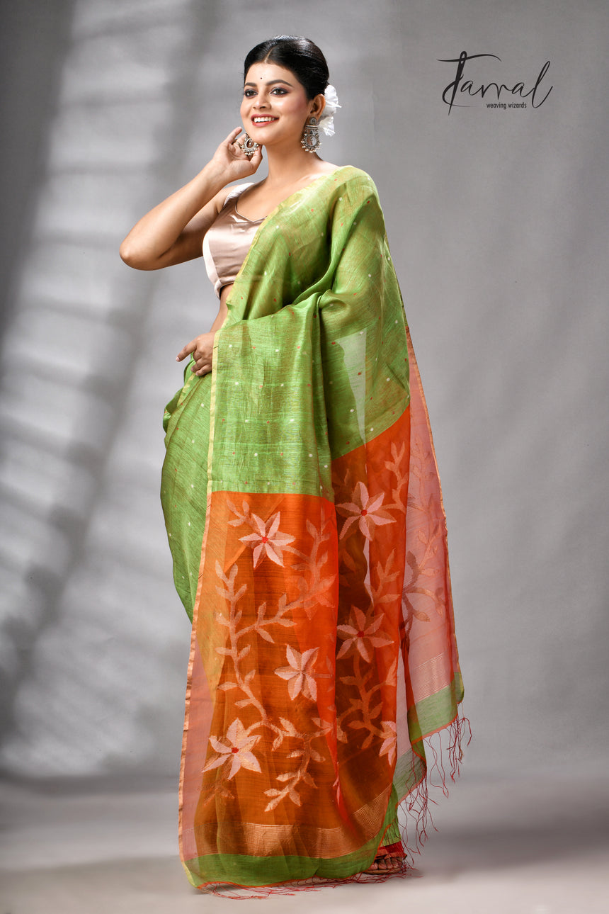 Parrot Green Silk Linen Handwoven Jamdani Saree