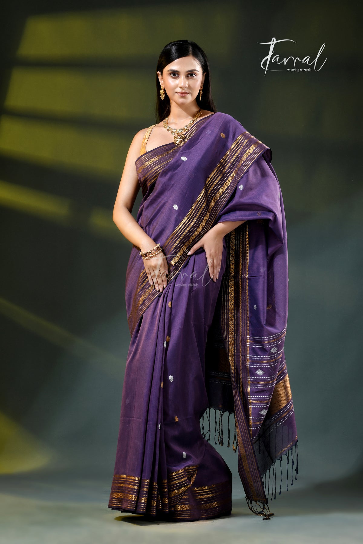 Purple Golden Zari Border Cotton Bhujori Handloom Saree | Tamal Boutique
