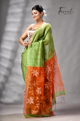Parrot Green Silk Linen Handwoven Jamdani Saree