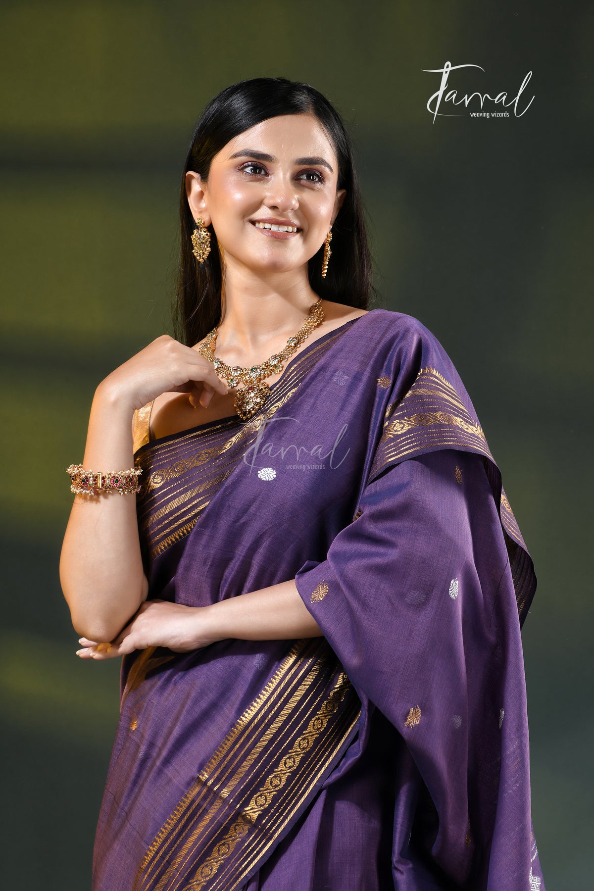 Purple Golden Zari Border Cotton Bhujori Handloom Saree | Tamal Boutique