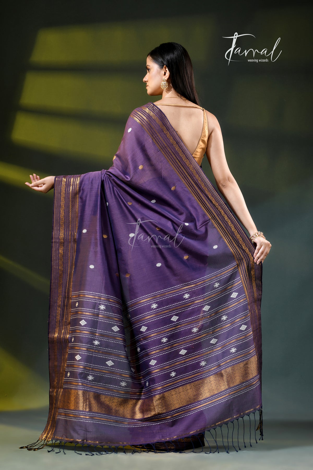 Purple Golden Zari Border Cotton Bhujori Handloom Saree | Tamal Boutique