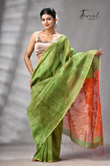 Parrot Green Silk Linen Handwoven Jamdani Saree