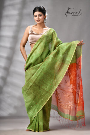 Parrot Green Silk Linen Handwoven Jamdani Saree