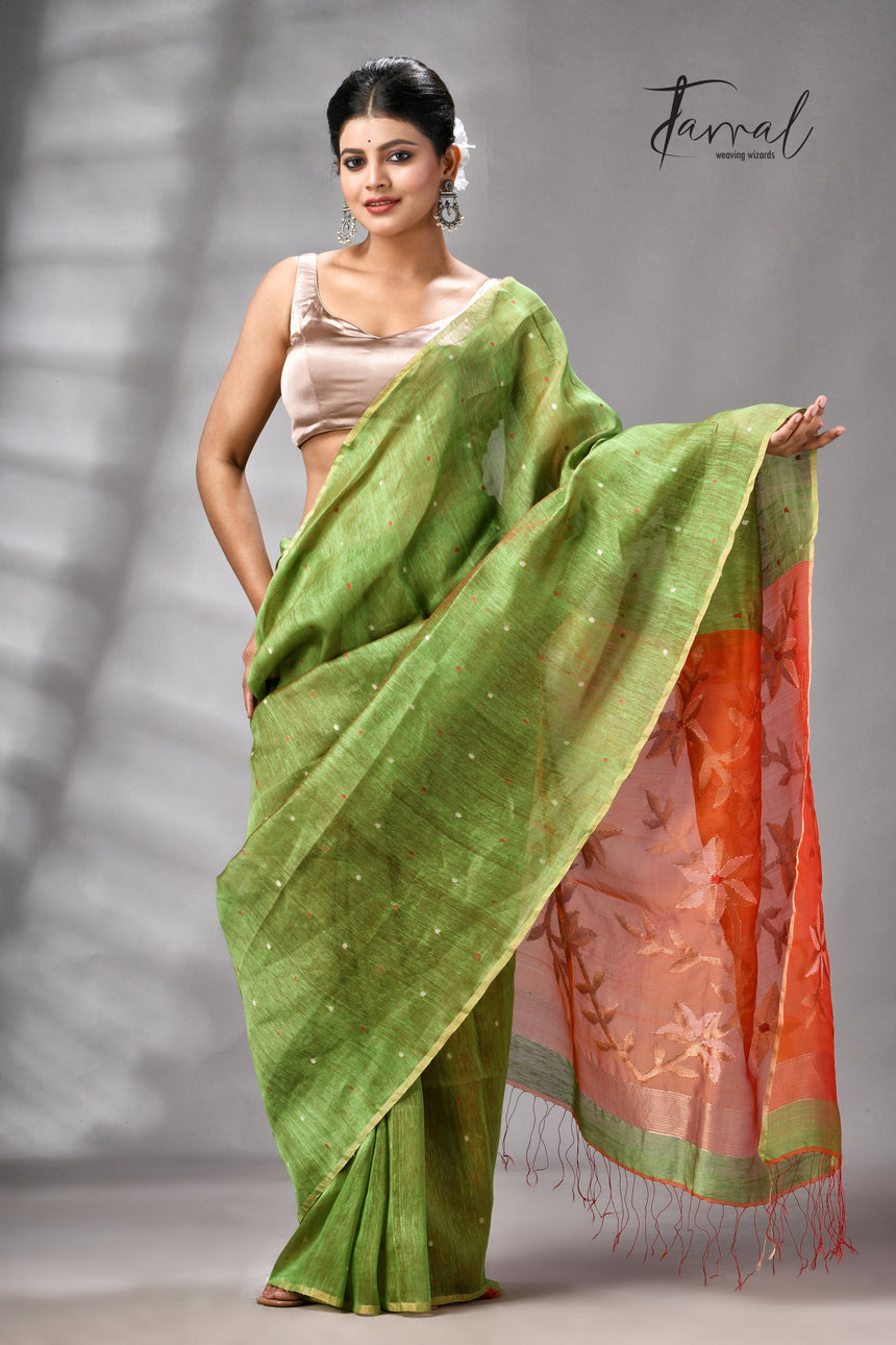 Parrot Green Silk Linen Handwoven Jamdani Saree
