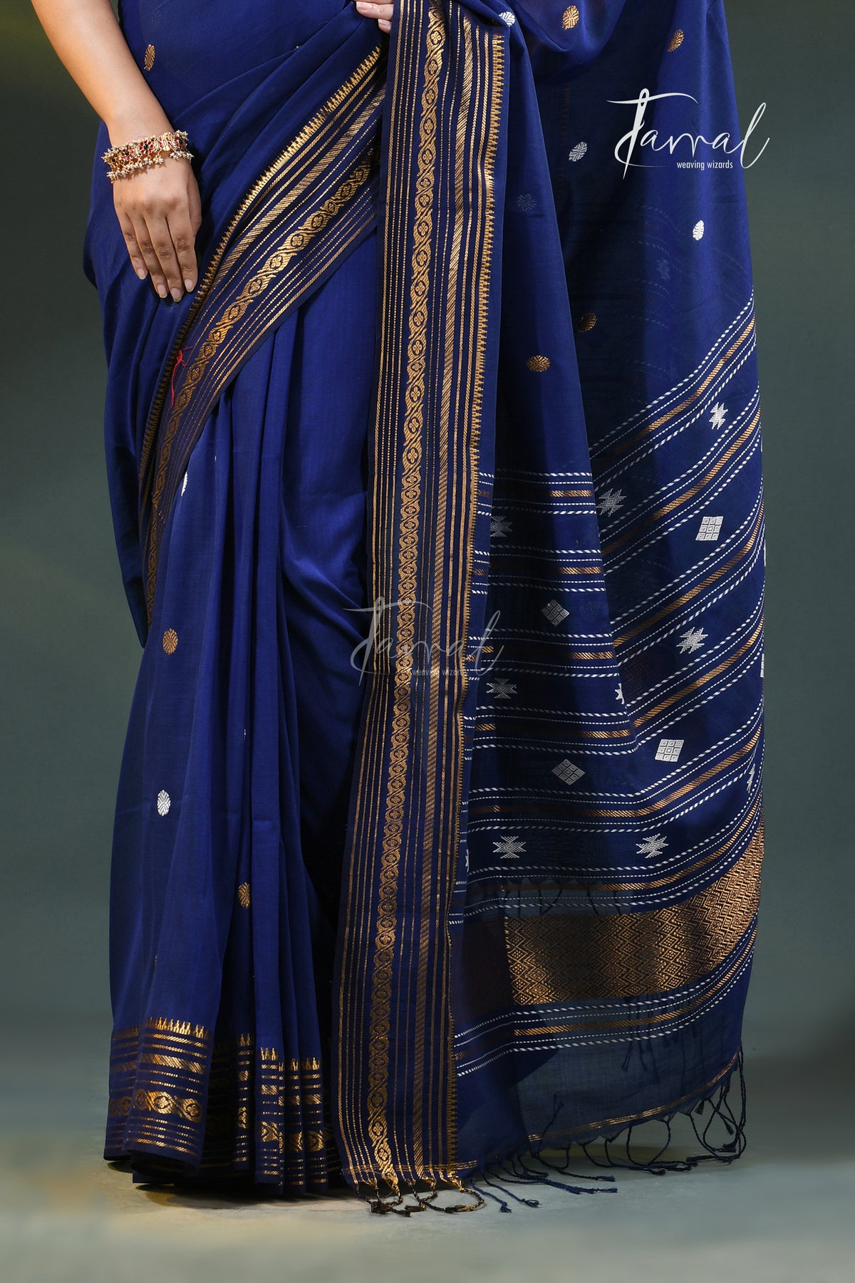 Navy Blue Zari Border Cotton Bhujori Handloom Saree | Tamal Boutique