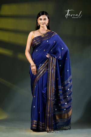 Navy Blue Zari Border Cotton Bhujori Handloom Saree | Tamal Boutique