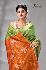 Parrot Green Silk Linen Handwoven Jamdani Saree