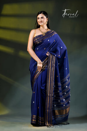Navy Blue Zari Border Cotton Bhujori Handloom Saree | Tamal Boutique
