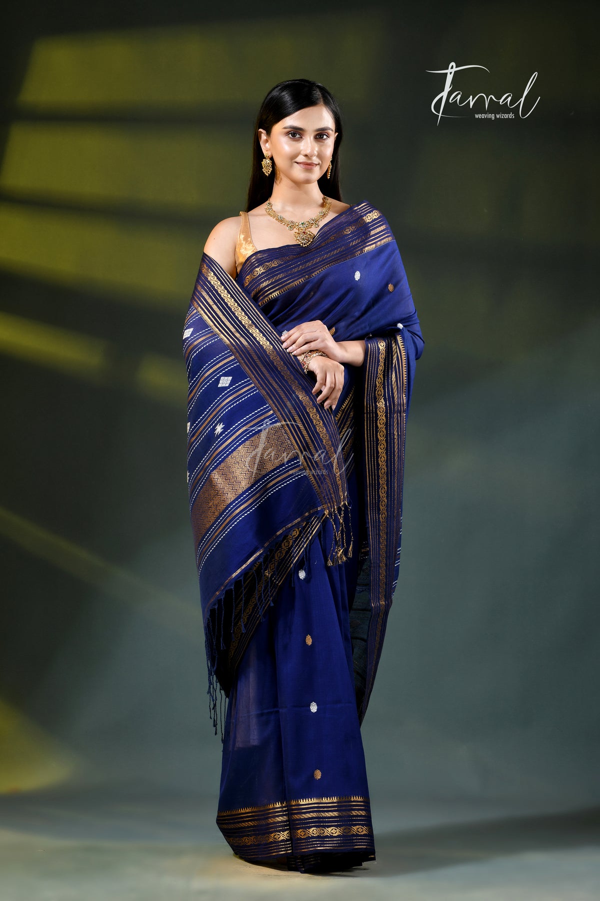 Navy Blue Zari Border Cotton Bhujori Handloom Saree | Tamal Boutique