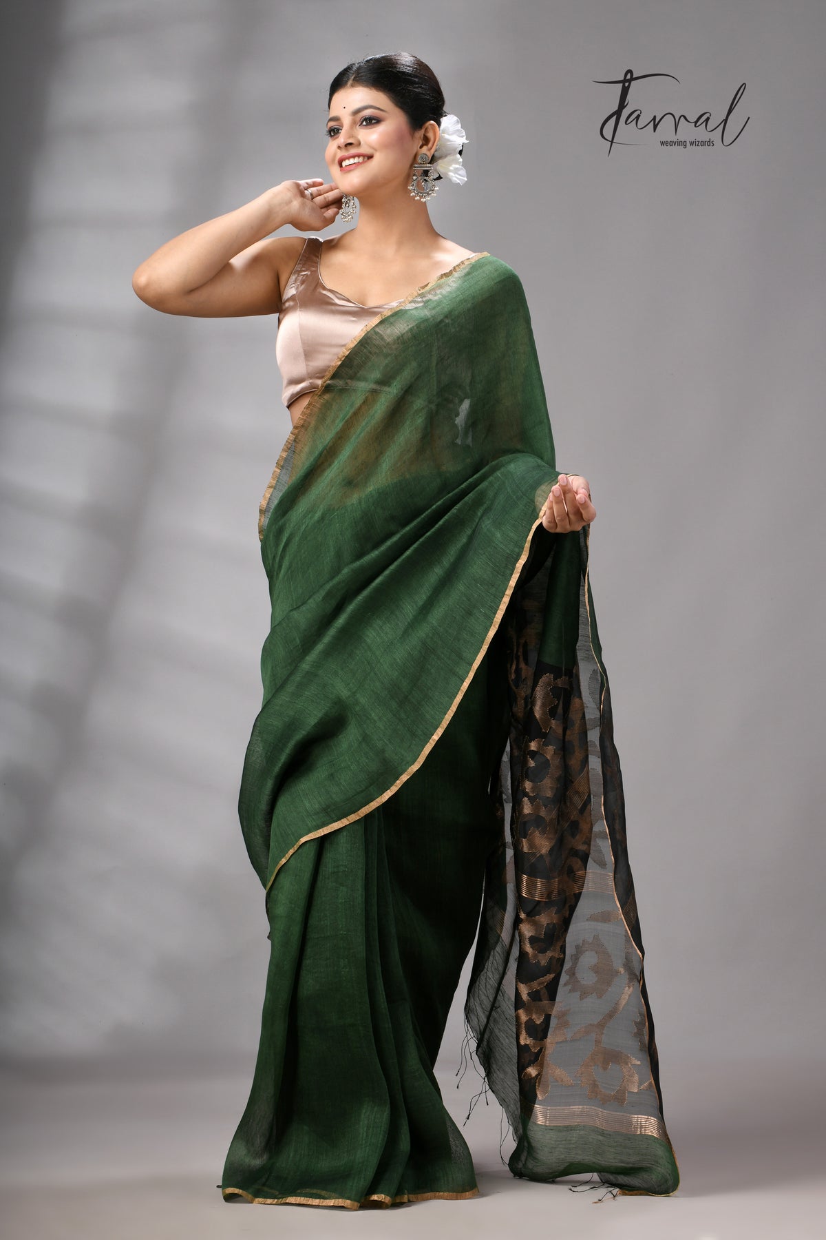 Bottle Green Silk Linen Jamdani Saree With Sunflower Motifs