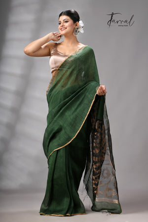 Bottle Green Silk Linen Jamdani Saree With Sunflower Motifs