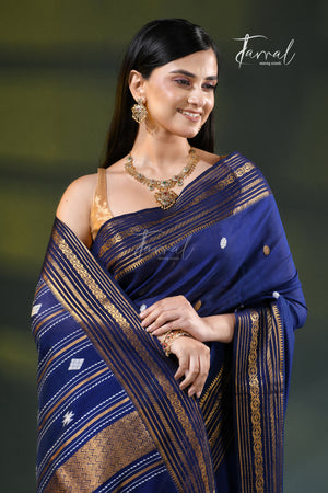 Navy Blue Zari Border Cotton Bhujori Handloom Saree | Tamal Boutique