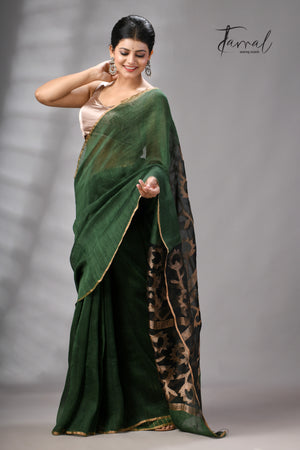 Bottle Green Silk Linen Jamdani Saree With Sunflower Motifs