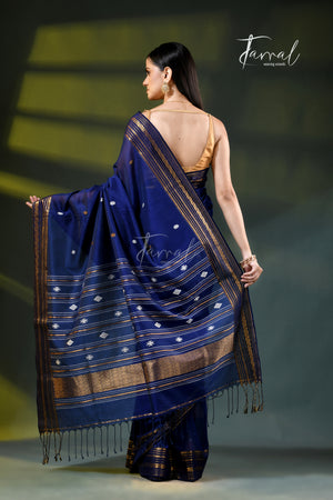 Navy Blue Zari Border Cotton Bhujori Handloom Saree | Tamal Boutique