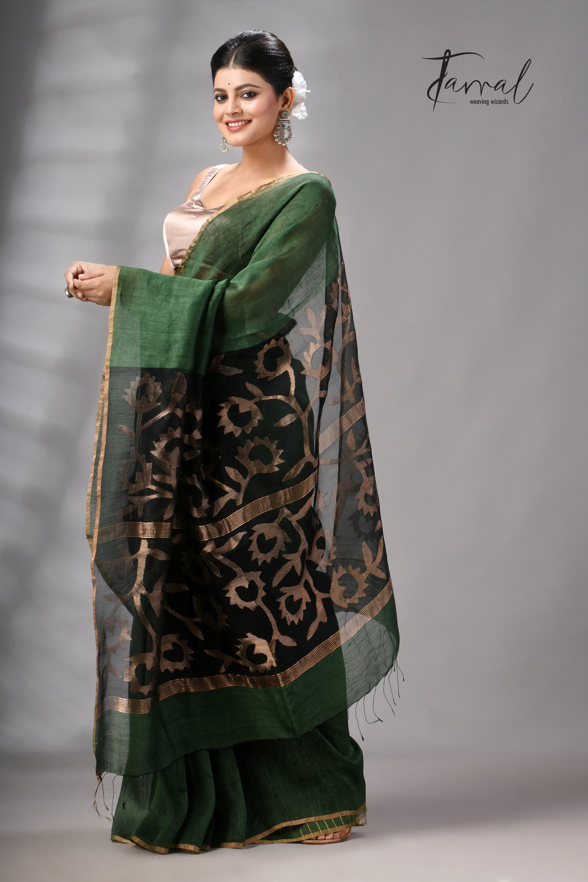 Bottle Green Silk Linen Jamdani Saree With Sunflower Motifs