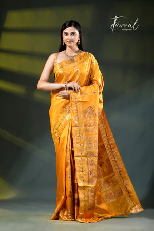 Golden yellow with zari and Minakari Bishnupuri Swarnachari Silk Saree