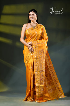 Golden yellow with zari and Minakari Bishnupuri Swarnachari Silk Saree