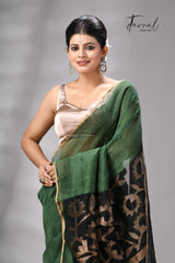 Bottle Green Silk Linen Jamdani Saree with Sunflower Motifs