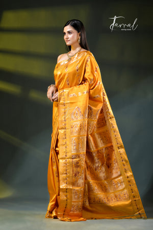 Golden yellow with zari and Minakari Bishnupuri Swarnachari Silk Saree