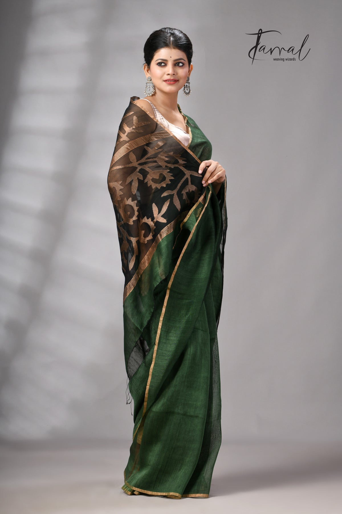 Bottle Green Silk Linen Jamdani Saree With Sunflower Motifs