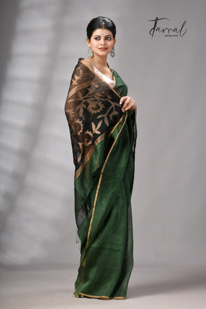 Bottle Green Silk Linen Jamdani Saree With Sunflower Motifs