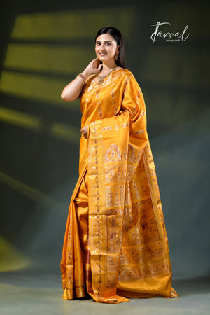Golden yellow with zari and Minakari Bishnupuri Swarnachari Silk Saree