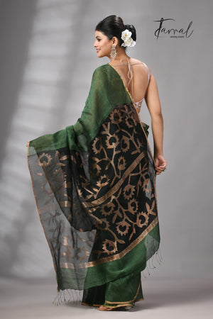 Bottle Green Silk Linen Jamdani Saree With Sunflower Motifs