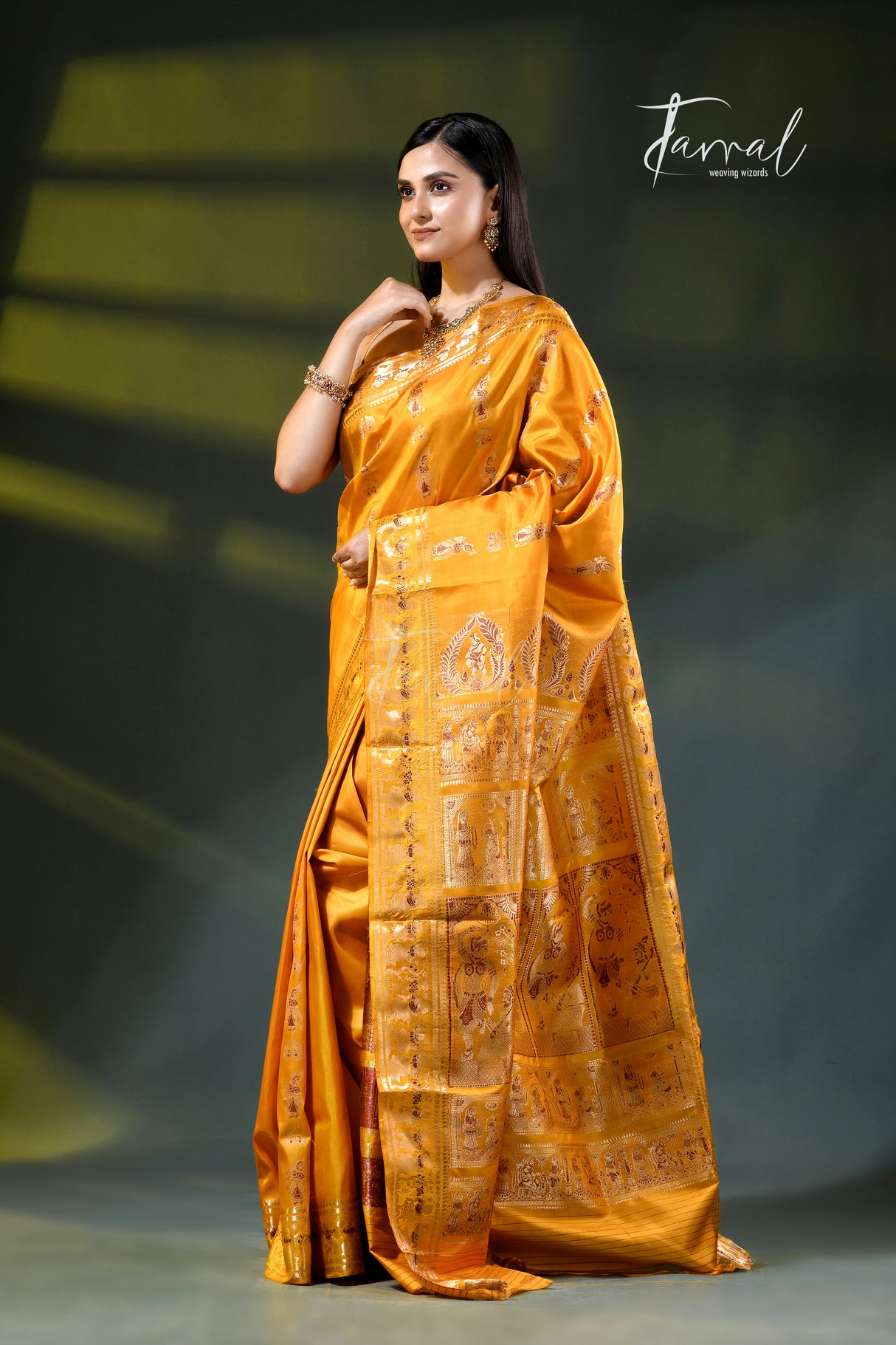 Golden yellow with zari and Minakari Bishnupuri Swarnachari Silk Saree