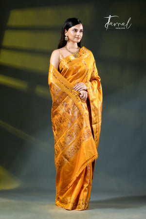 Golden yellow with zari and Minakari Bishnupuri Swarnachari Silk Saree
