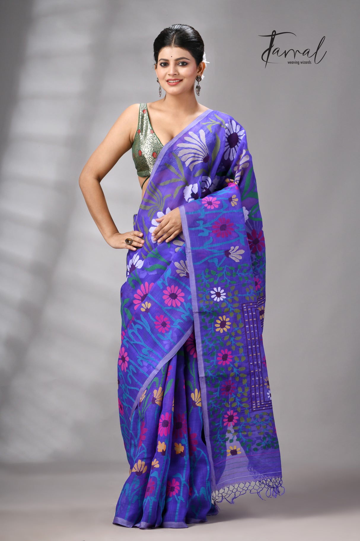 Blue Muslin Silk Jamdani Saree Featuring Multicolour Sunflower Motifs