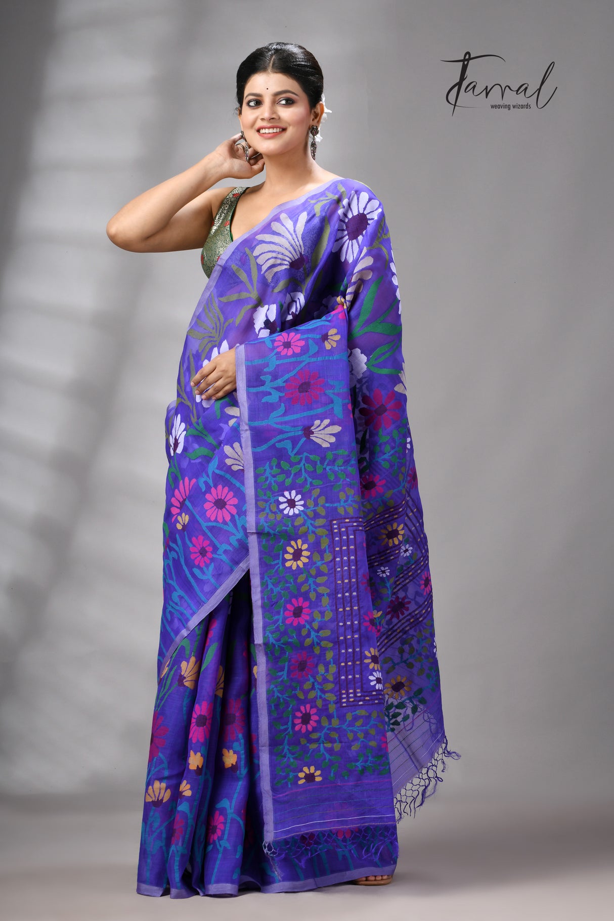 Blue Muslin Silk Jamdani Saree Featuring Multicolour Sunflower Motifs