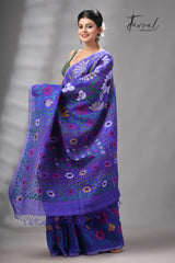 Blue Muslin Silk Jamdani Saree Featuring Multicolour Sunflower Motifs