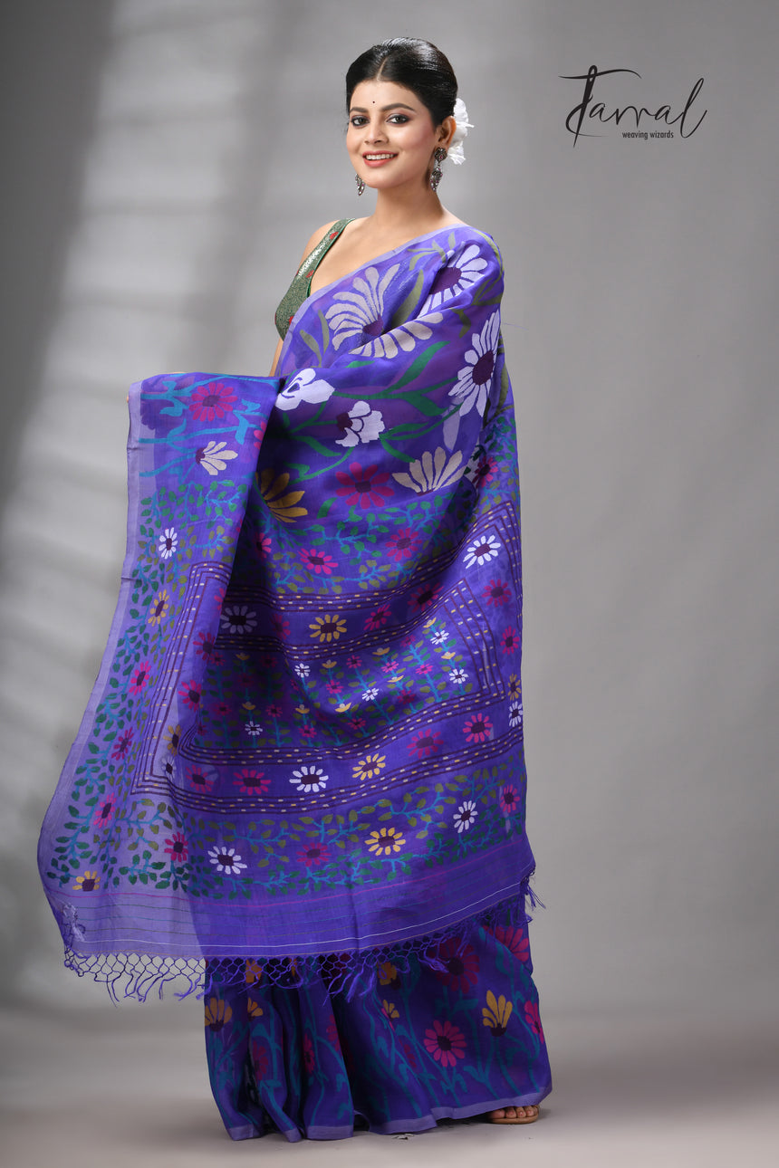 Blue Muslin Silk Jamdani Saree Featuring Multicolour Sunflower Motifs