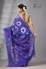 Blue Muslin Silk Jamdani Saree Featuring Multicolour Sunflower Motifs
