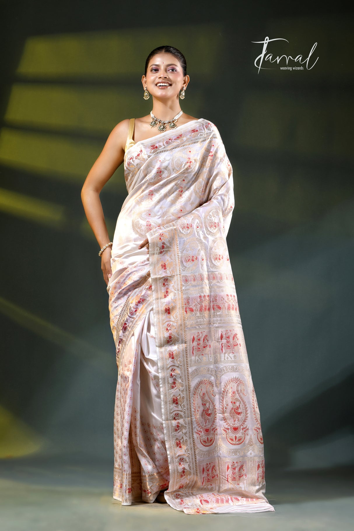 Offwhite with golden zari and red Minakari Bishnupuri Swarnachari silk saree