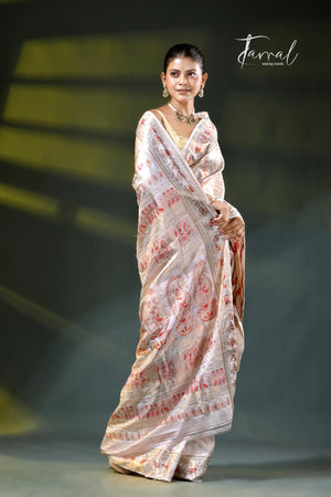 Offwhite with golden zari and red Minakari Bishnupuri Swarnachari silk saree