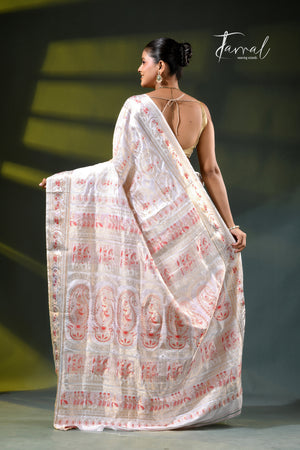 Offwhite with golden zari and red Minakari Bishnupuri Swarnachari silk saree