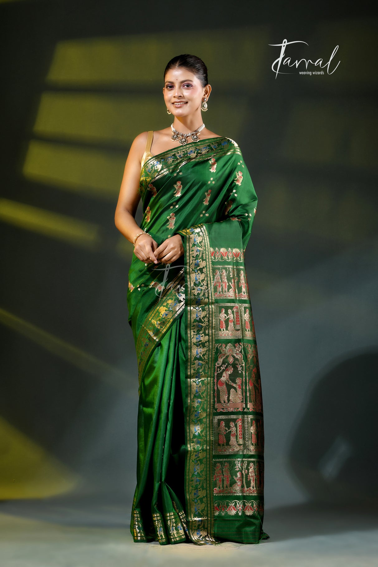 Bottle green with golden zari bishnupuri swarnachari silk handloom saree