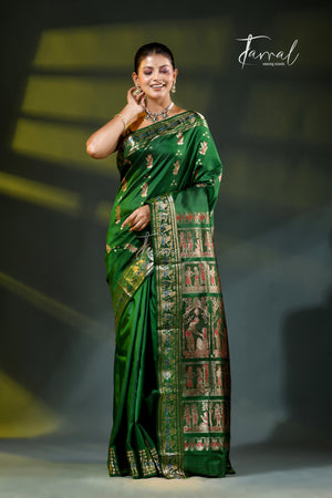 Bottle green with golden zari bishnupuri swarnachari silk handloom saree