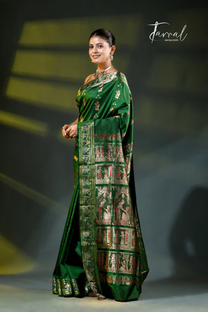 Bottle green with golden zari bishnupuri swarnachari silk handloom saree