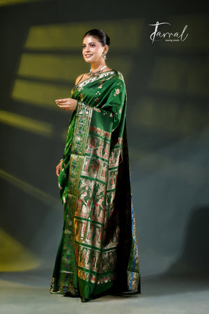 Bottle green with golden zari bishnupuri swarnachari silk handloom saree